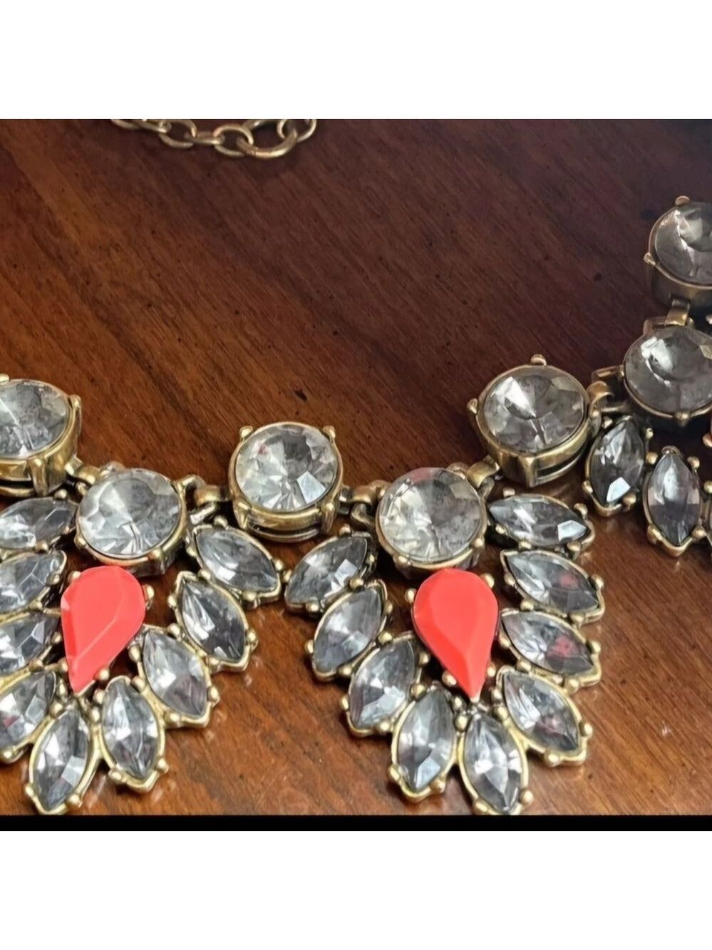 J CREW Aged Brass Gray Coral Chunky Art Deco Cluster Crystal Statement Necklace - Picture 7 of 9